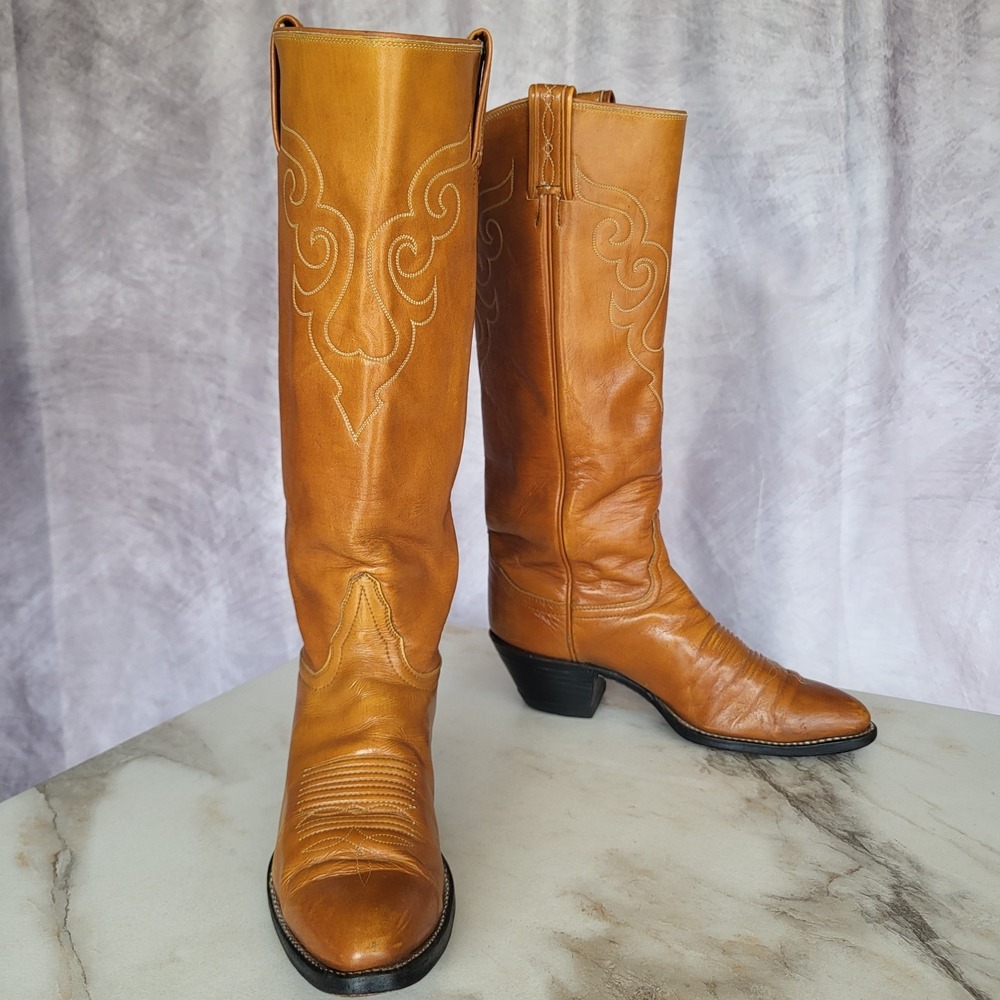 Tony Lama Classic Knee High Western Cowboy Boots Tan Size 6.5 A Women's